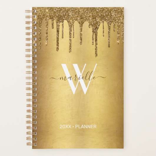 Chic Gold Dripping Glitter Monogram naam 2022 Planner (Voorkant)