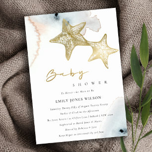 Chic Gold Dusky Blue Beachy Starfish Baby shower Kaart