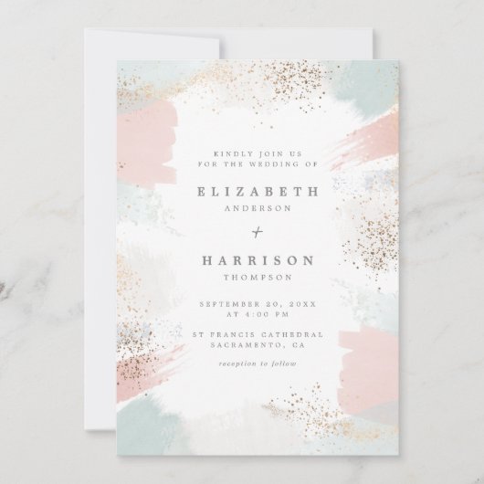 Chic Gold Dust & Painterly Brush Strokes Wedding Kaart (Voorkant)