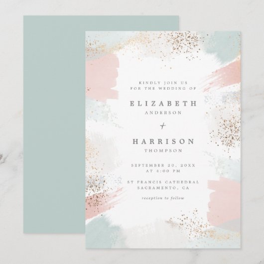 Chic Gold Dust & Painterly Brush Strokes Wedding Kaart (Voorkant / Achterkant)