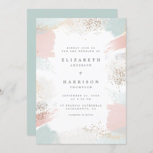 Chic Gold Dust & Painterly Brush Strokes Wedding Kaart