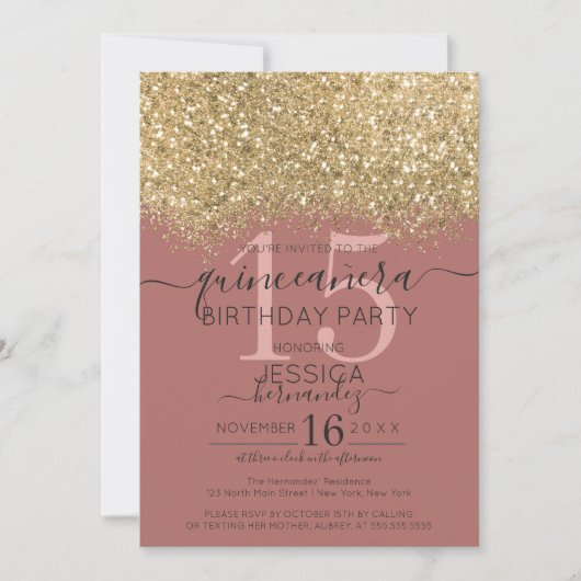 Chic Gold Dusty Roos Glitter Confetti Quinceañera Kaart (Voorkant)