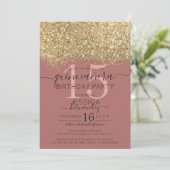Chic Gold Dusty Roos Glitter Confetti Quinceañera Kaart (Staand voorkant)
