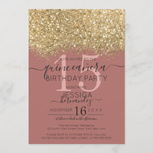 Chic Gold Dusty Roos Glitter Confetti Quinceañera Kaart