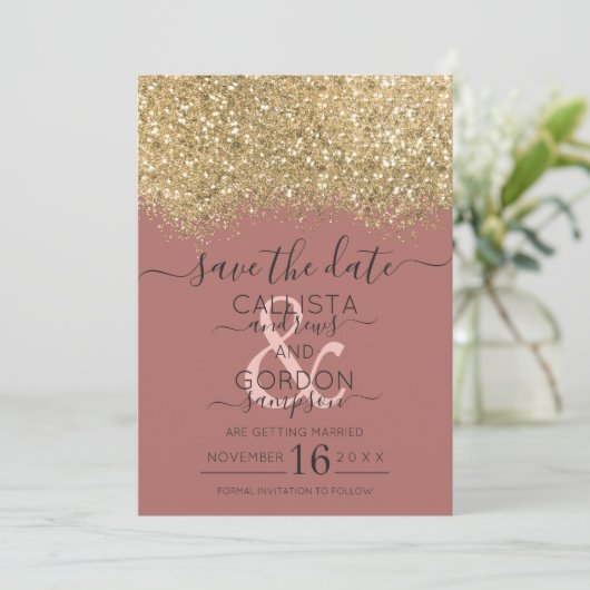 Chic Gold Dusty Roos Glitter Confetti Wedding Save The Date (Staand voorkant)