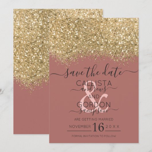 Chic Gold Dusty Roos Glitter Confetti Wedding Save The Date (Voorkant / Achterkant)