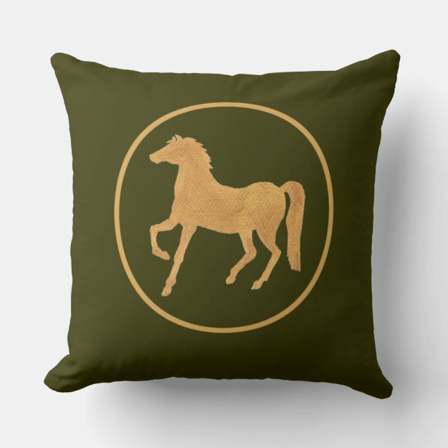Chic Gold-effect Horse op Donkere Mossy Green Kussen (Voorkant)