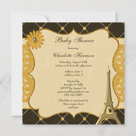 Chic Gold Eiffel Tower Baby shower Kaart (Achterkant)