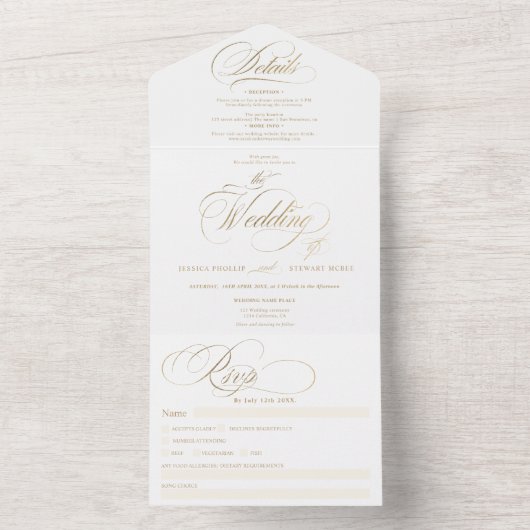 Chic Gold elegant script calligrafie bruiloft All In One Uitnodiging (Binnen)