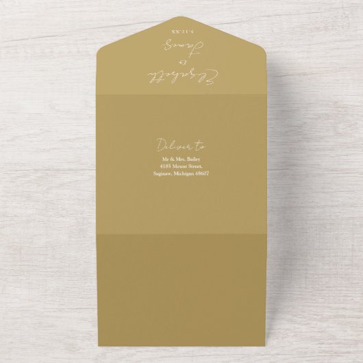 Chic Gold Elegant Script QR Code Wedding All In One Uitnodiging (Buitenkant)