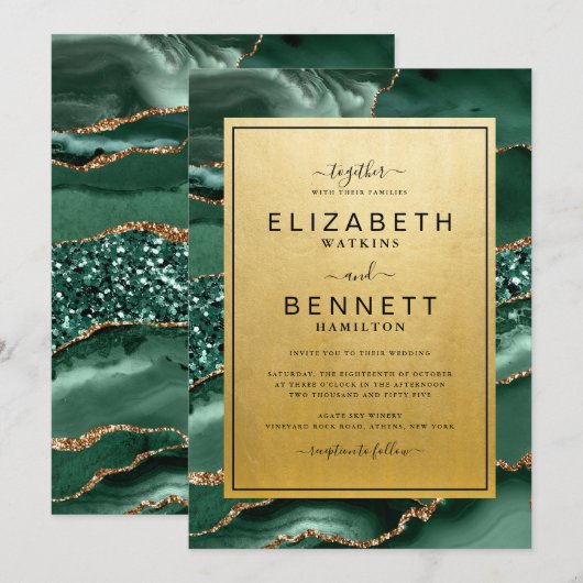 Chic Gold Emerald Green Agaat bruiloft uitnodiging (Voorkant / Achterkant)