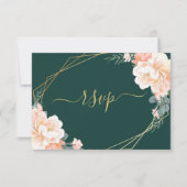 Chic Gold Emerald Green Blush Peach Floral Wedding RSVP Kaartje (Voorkant)