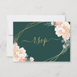 Chic Gold Emerald Green Blush Peach Floral Wedding RSVP Kaartje