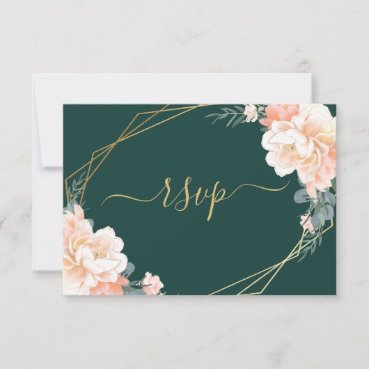 Chic Gold Emerald Green Blush Peach Floral Wedding RSVP Kaartje (Voorkant)