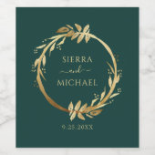 Chic Gold Emerald Green Eucalyptus Wreath Weddensc Wijn Etiket (Enkel label)