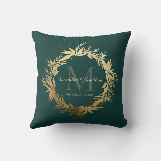 Chic Gold Emerald Green Monogram Wedding Keepslag Kussen (Achterkant)