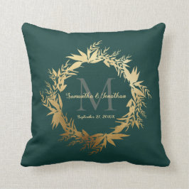 Chic Gold Emerald Green Monogram Wedding Keepslag Kussen