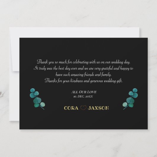 Chic Gold en Black Calligraphy Weddenschap Harteli Bedankkaart (Achterkant)