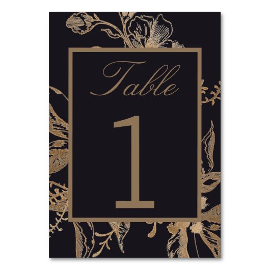 Chic Gold en Black Faux Metal Floral Wedding Table Kaart (Voorkant)