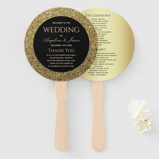 Chic Gold en Black Wedding Programma Handwaaier (Voorkant en achterkant)
