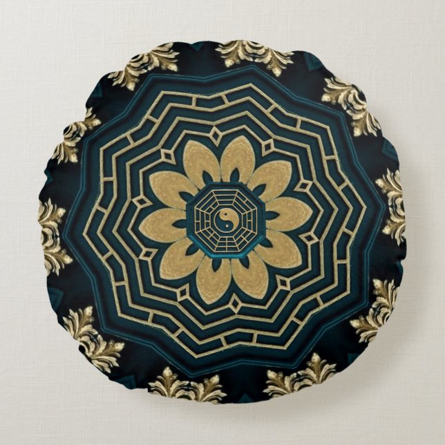 Chic Gold en Green Asian Style Rond Kussen (Voorkant)