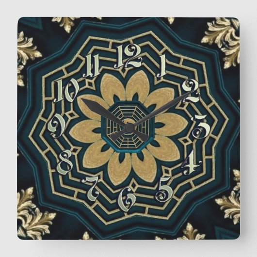 Chic Gold en Green Asian Style Vierkante Klok (Voorkant)