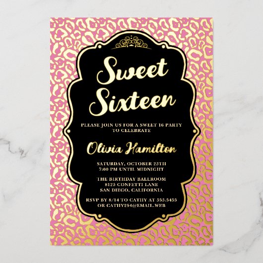 Chic Gold en Pink Leopard Print Sweet 16 Folie Uitnodiging (Voorkant)