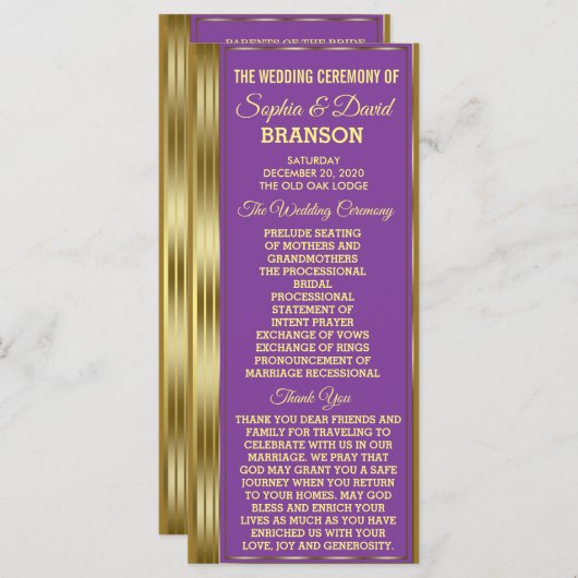Chic Gold en Royal Paars Wedding Custom Program Programmakaart (Voorkant / Achterkant)