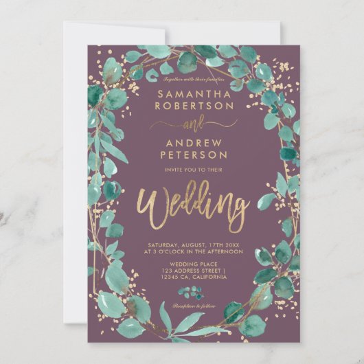 Chic Gold eucalyptus paars fotoscript bruiloft Kaart (Voorkant)