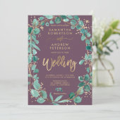 Chic Gold eucalyptus paars fotoscript bruiloft Kaart (Staand voorkant)