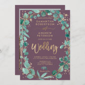 Chic Gold eucalyptus paars fotoscript bruiloft Kaart (Voorkant / Achterkant)