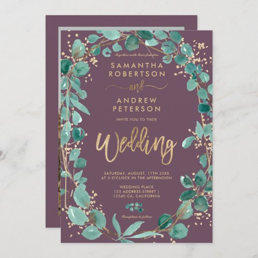 Chic Gold eucalyptus paars fotoscript bruiloft Kaart (Voorkant / Achterkant)