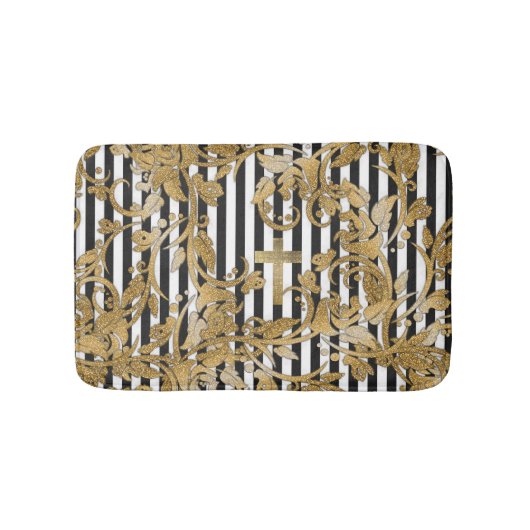 Chic Gold faux glitterbloemen  strepen Badmat (Voorkant)