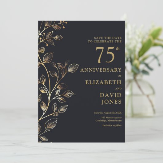 Chic Gold Floral 75e bruiloft Jubileum Save The Date (Staand voorkant)