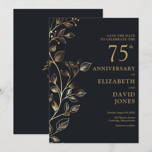 Chic Gold Floral 75e bruiloft Jubileum Save The Date (Voorkant / Achterkant)