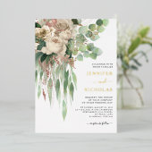 Chic Gold Floral Black en White Wedding Folie Uitnodiging (Staand Voorkant)