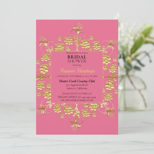 Chic  Gold Floral Bridal Shower Kaart (Staand voorkant)