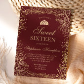 Chic gold floral burgundy Tiara chic Sweet 16 Kaart