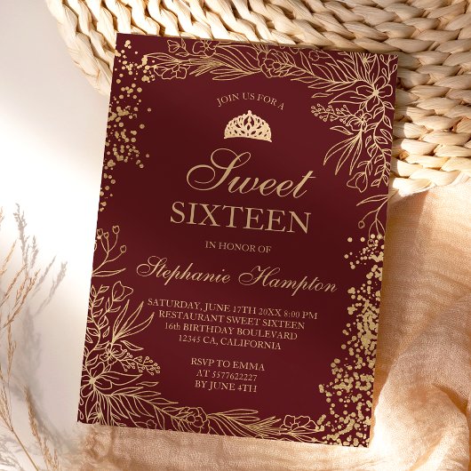 Chic gold floral burgundy Tiara chic Sweet 16 Kaart