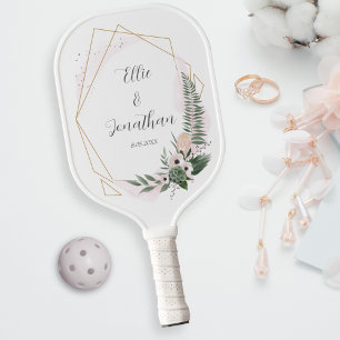 Chic Gold Floral Lijst Wedding Couple Name Date Pickleball Paddle