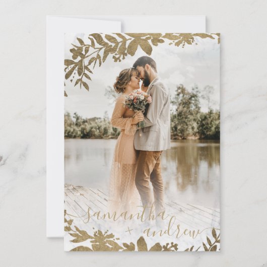 Chic gold floral marmer 5 foto's bruiloft kaart (Voorkant)