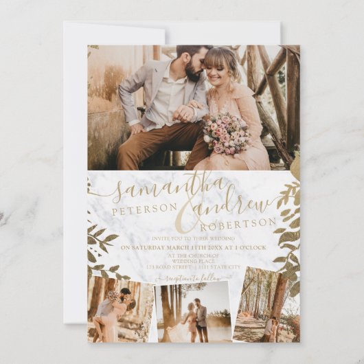 Chic gold floral marmer 5 foto's bruiloft kaart (Achterkant)