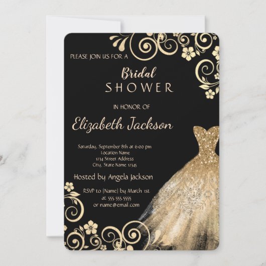 Chic Gold Flowers Glitter Dress Vrijgezellenfeest Kaart (Voorkant)