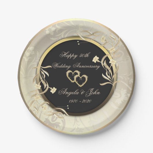 Chic Gold Flowers Hearts 50th Wedding Anniversar Papieren Bordje (Voorkant)