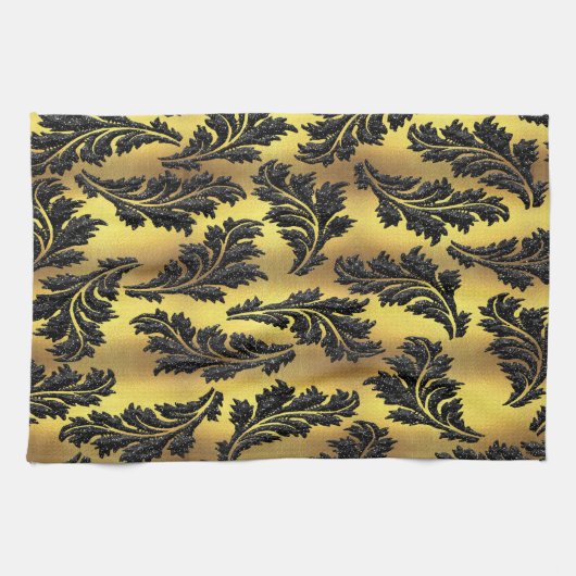 Chic Gold Foil Black Glitter Leaves Theedoek (Horizontaal)