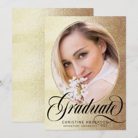 Chic Gold Foil Black Script Photo Afstuderen Aankondiging (Voorkant / Achterkant)
