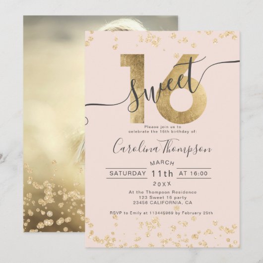 Chic gold foil confetti blush Sweet 16 foto Kaart (Voorkant / Achterkant)