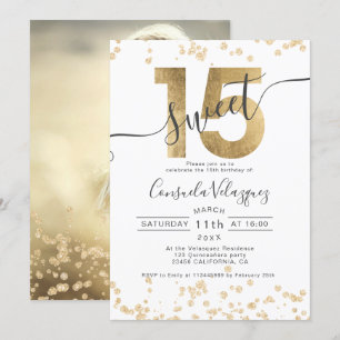 Chic Gold foil confetti white Quinceanera foto Kaart
