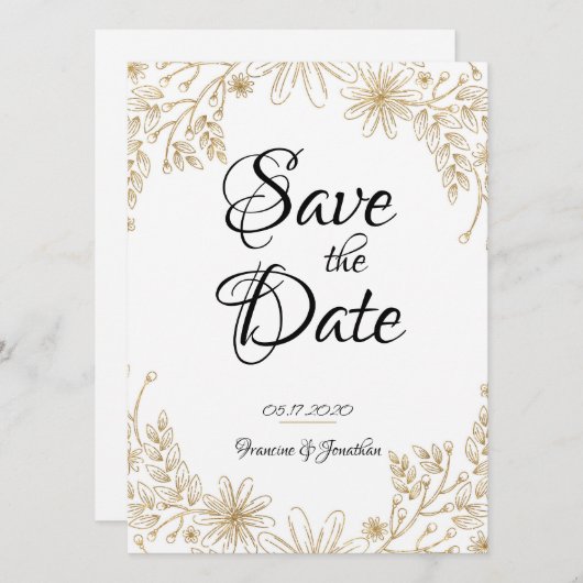 Chic Gold Foil Floral Save the Date Kaart (Voorkant / Achterkant)