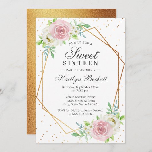 Chic Gold Foil Floral Sweet 16 Birthday Kaart (Voorkant / Achterkant)
